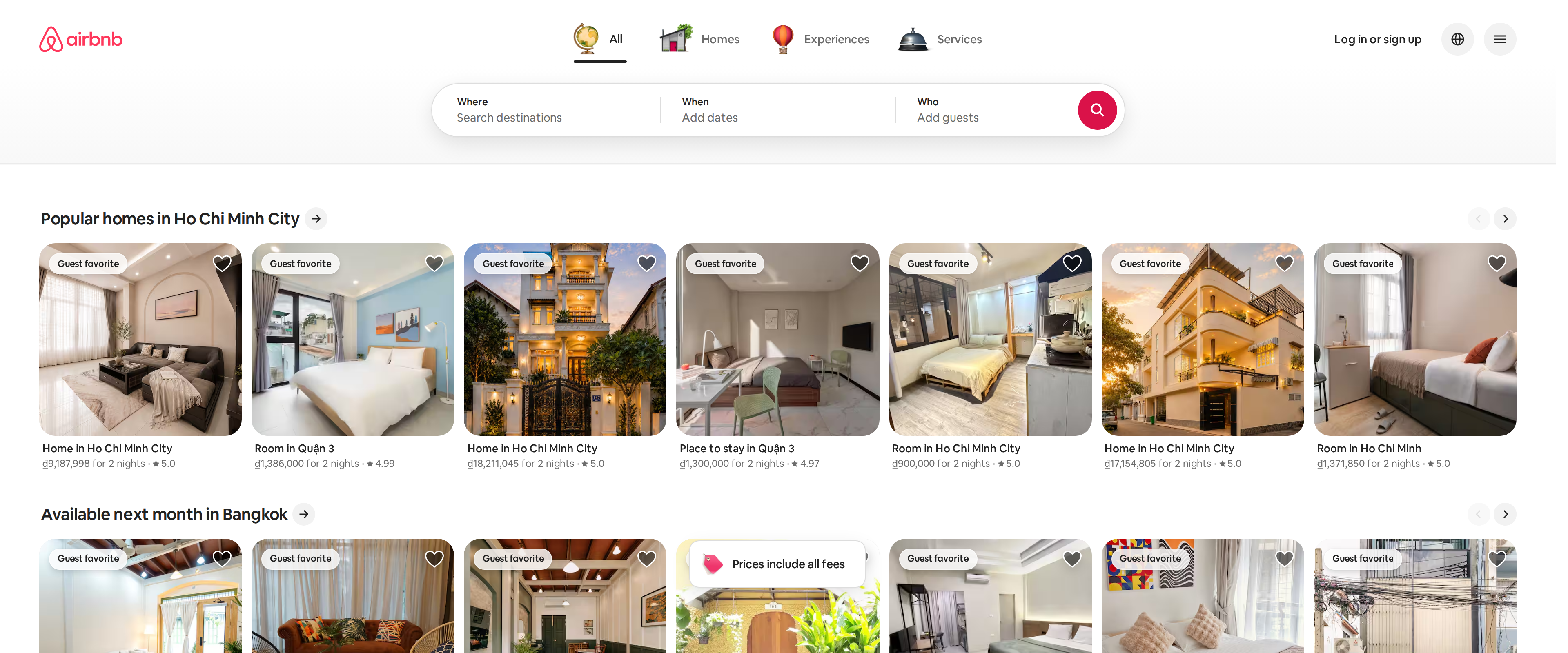 Airbnb homepage showing popular homes in Ho Chi Minh City and available stays in Bangkok