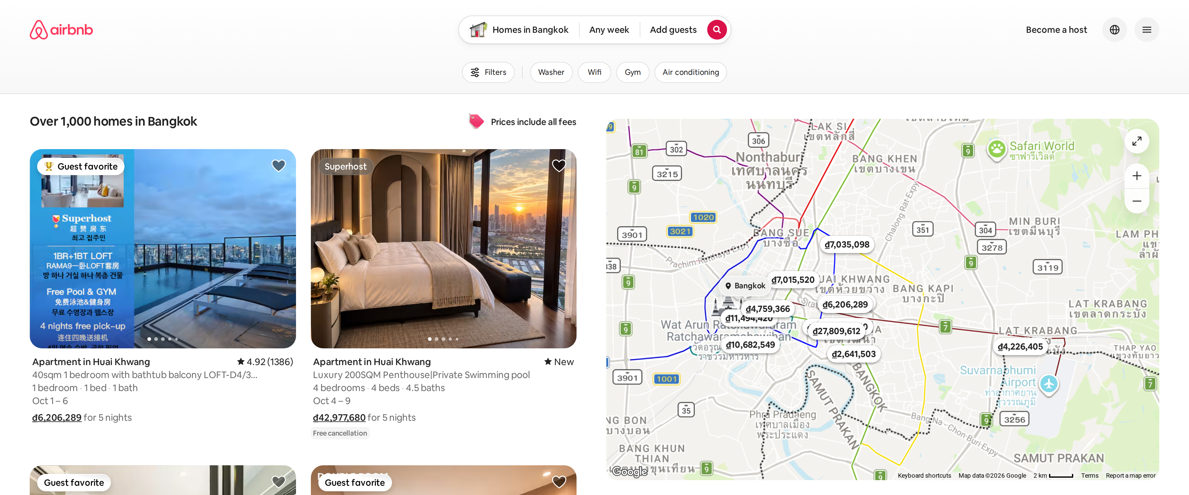 Airbnb's search results for homes in Bangkok, showing the range of whole-unit listings available for a longer stay