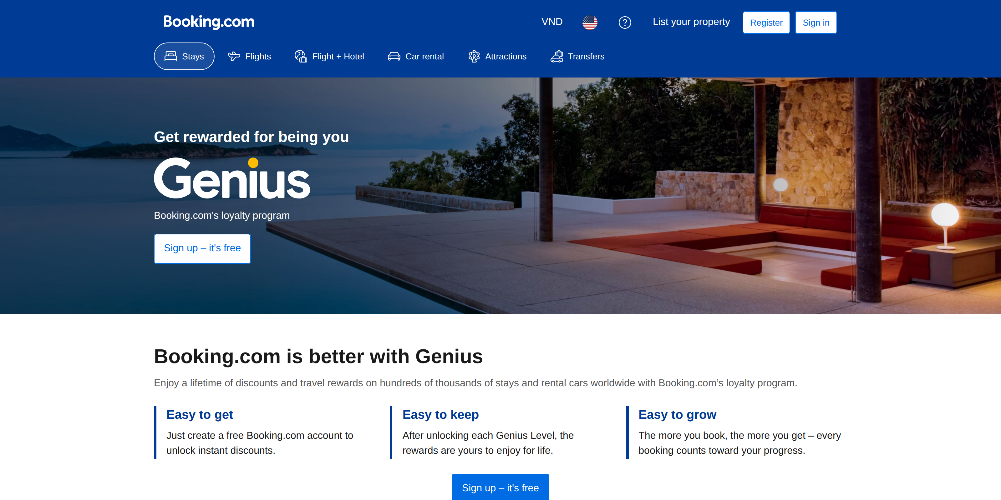 Booking.com's Genius loyalty program page, headed Booking.com is better with Genius