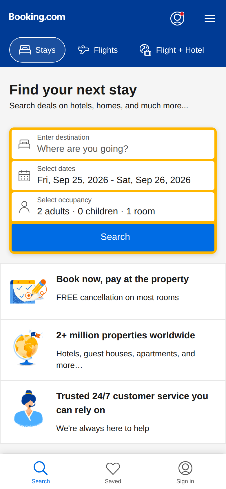 Booking.com's homepage viewed on a phone screen