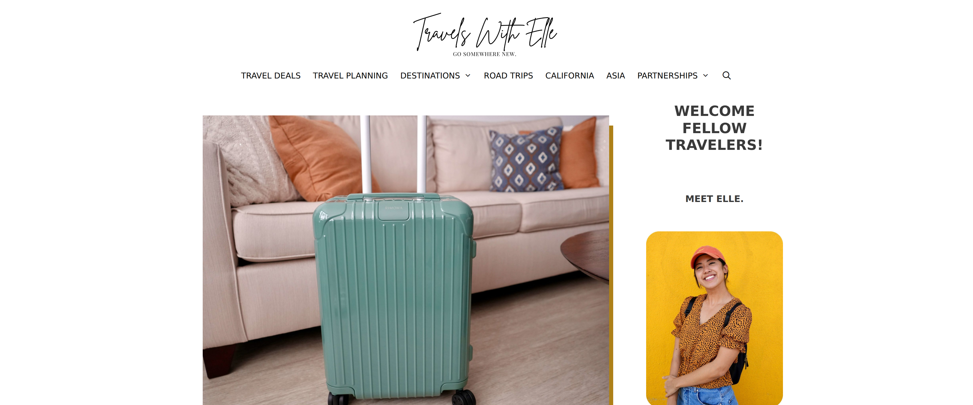 TravelsWithElle's review page featuring a photo of the RIMOWA Essential Cabin suitcase