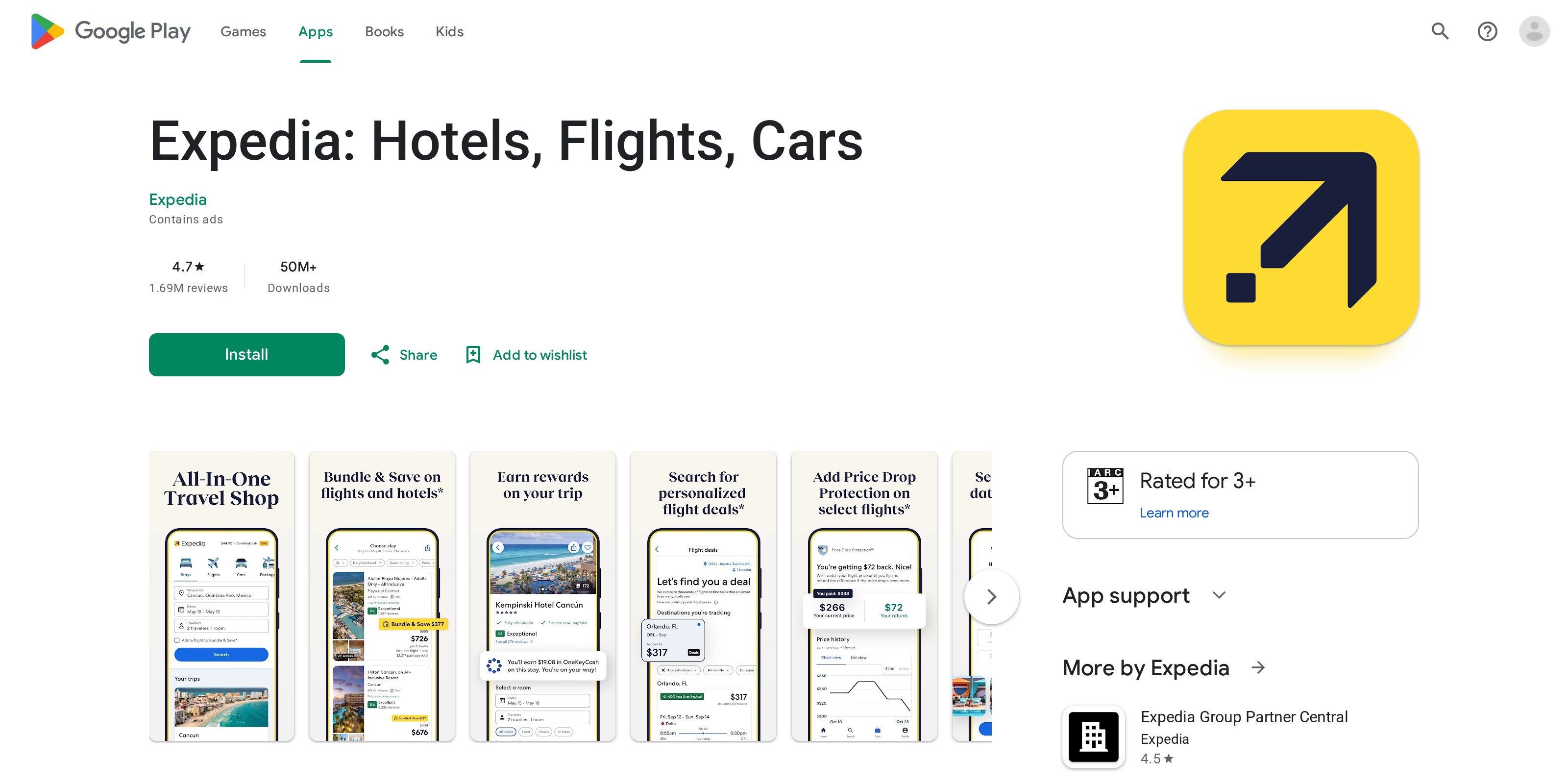 Expedia app listing on Google Play showing screenshots and app icon