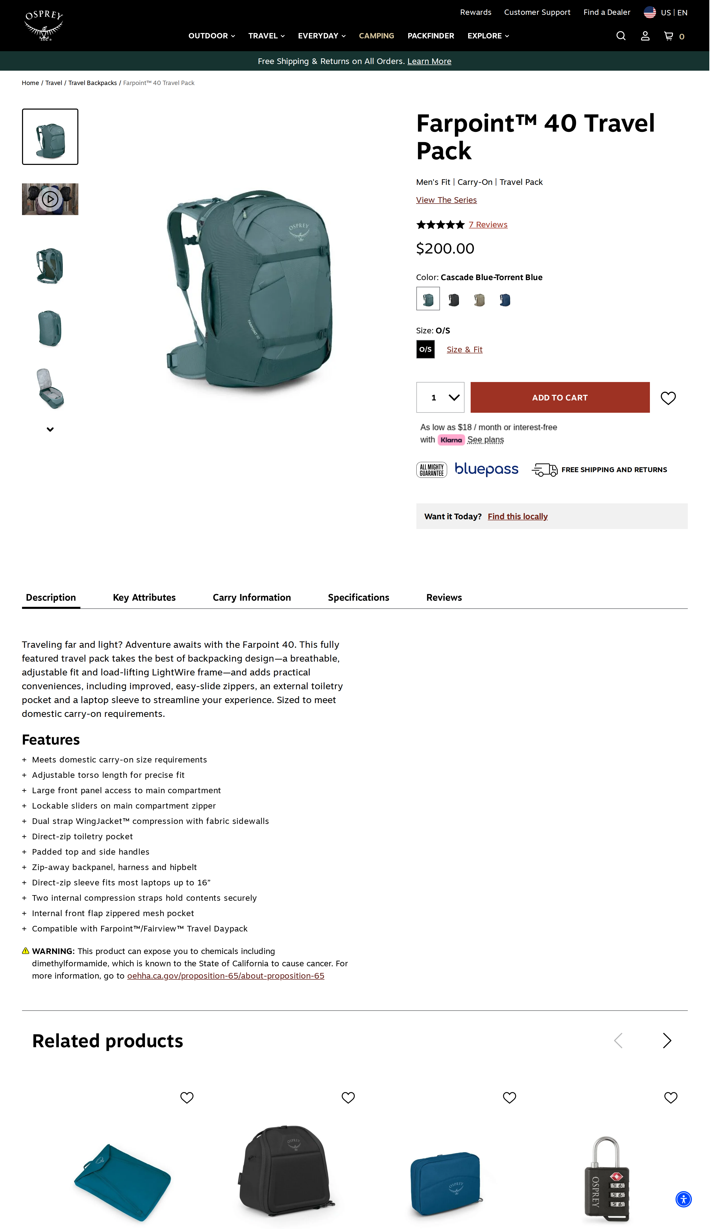 Description, Features and Key Attributes sections on Osprey's Farpoint 40 product page