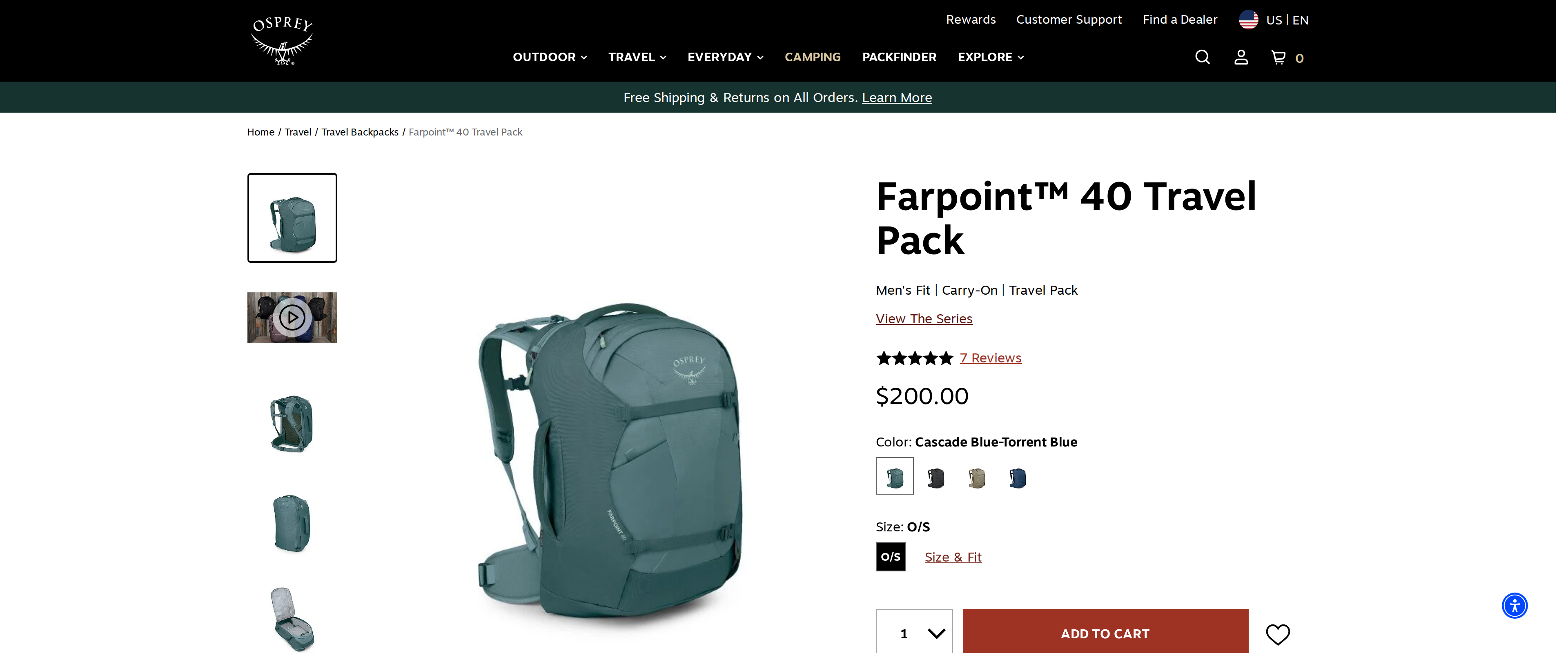 Side view of the Farpoint 40 Travel Pack in Cascade Blue Torrent Blue on Osprey's product page, priced at $200