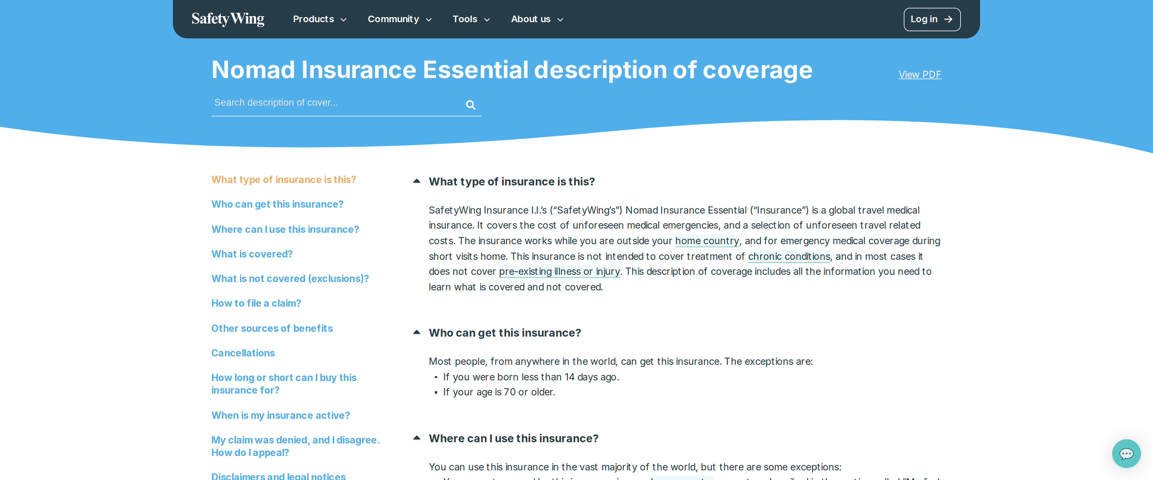 SafetyWing Nomad Insurance Essential description of coverage page