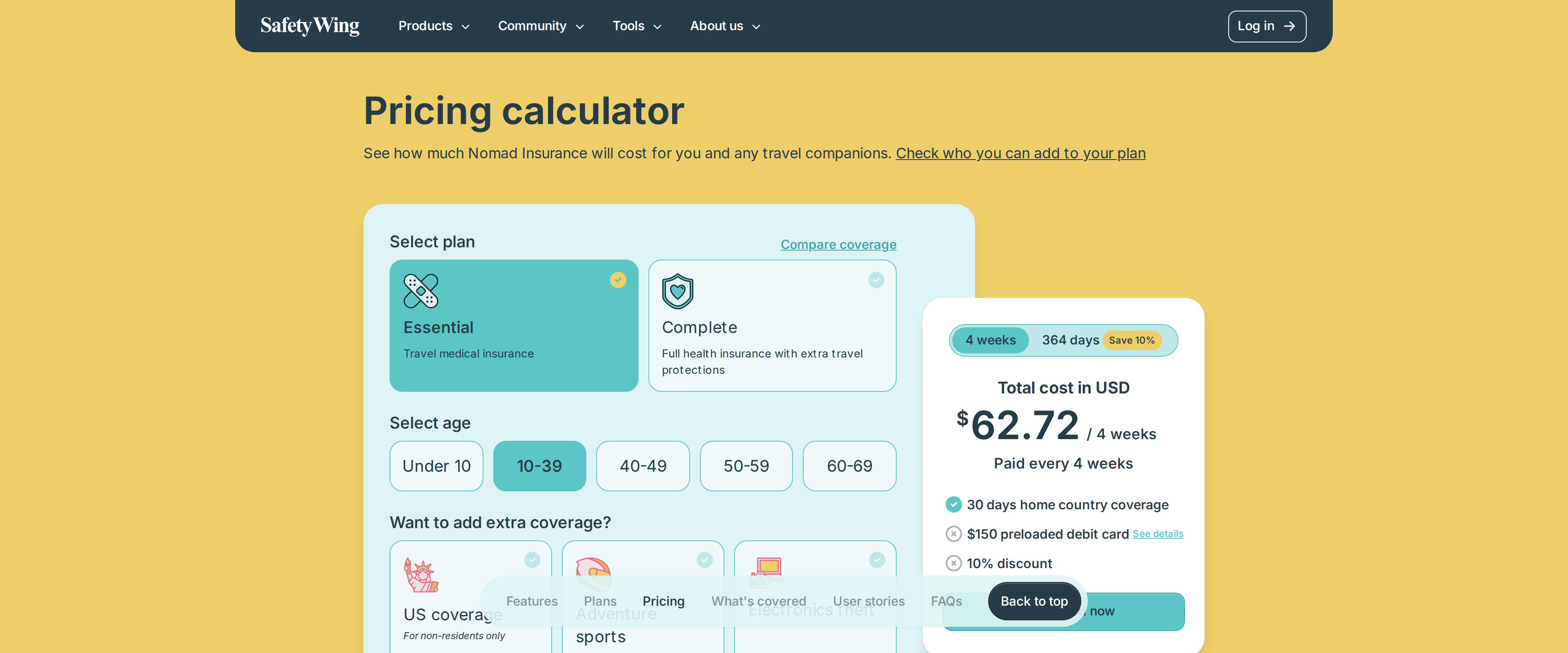 SafetyWing pricing calculator page for Nomad Insurance