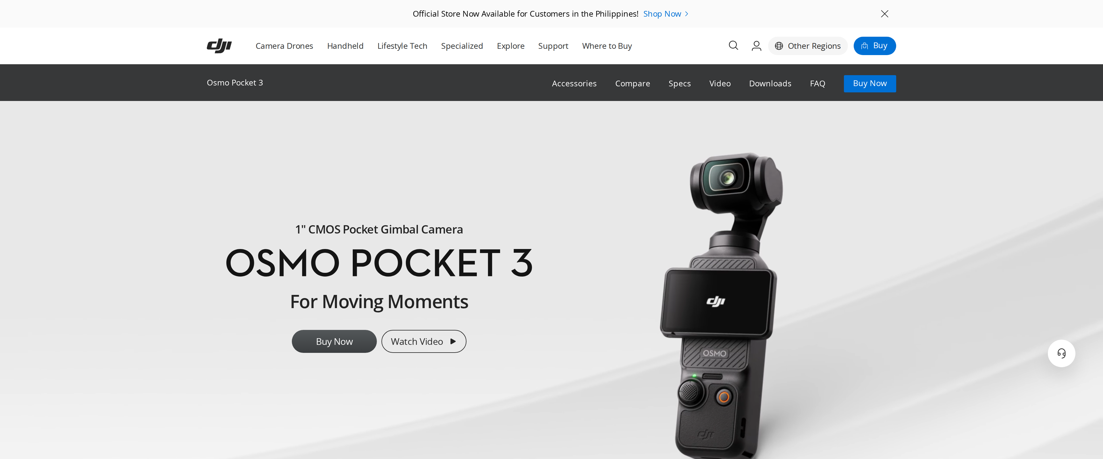 DJI Osmo Pocket 3 product page with the heading 1-inch CMOS Pocket Gimbal Camera