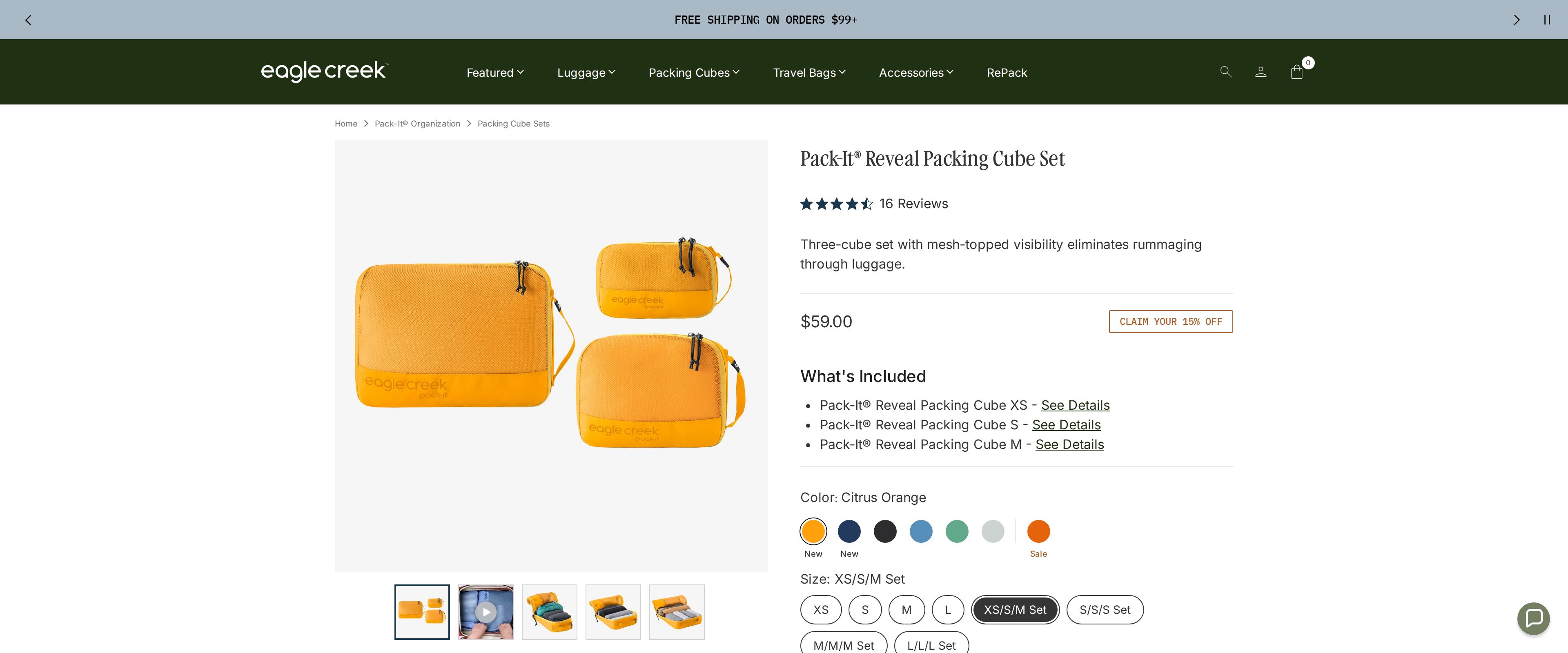 Eagle Creek Pack-It Reveal Packing Cube Set product page showing the yellow cube set and pricing