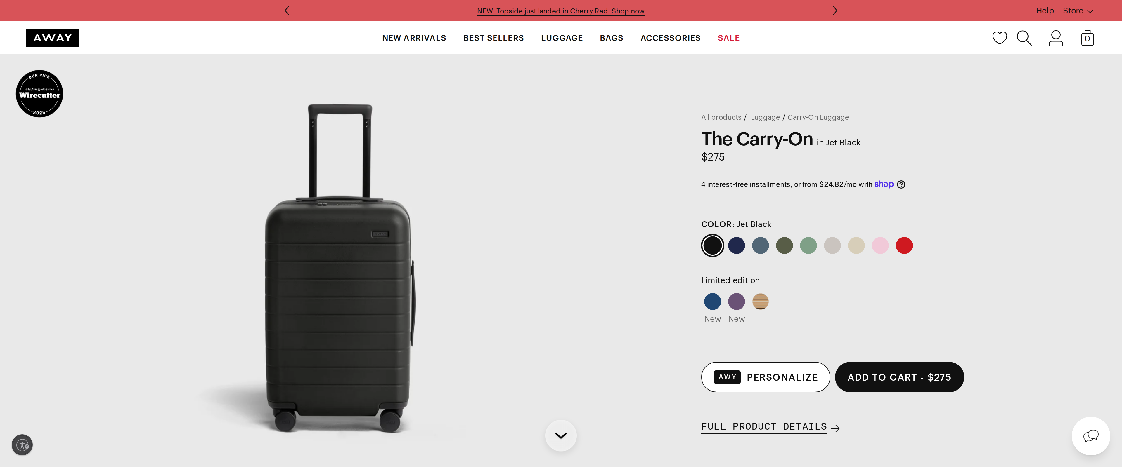 The Carry-On suitcase in Jet Black on Away's product page, showing the price of $275