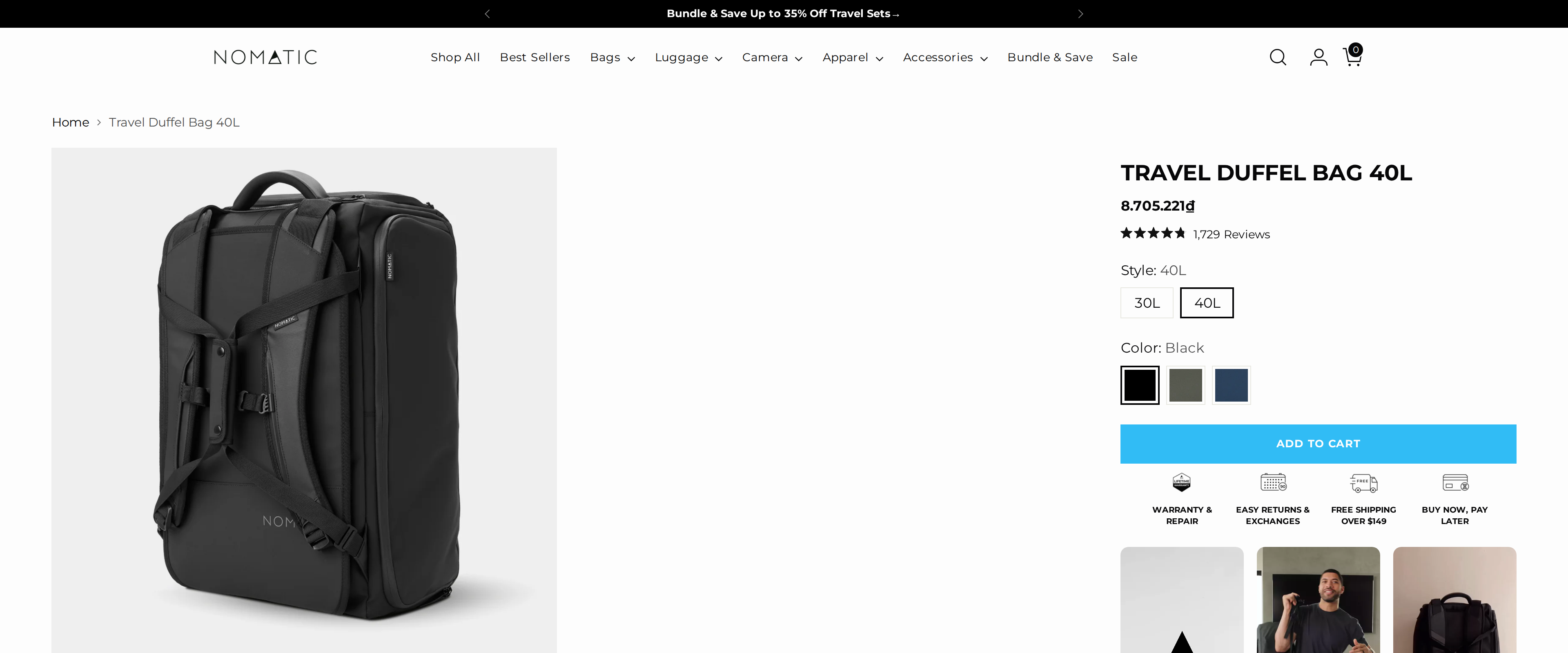 NOMATIC Travel Duffel Bag 40L product page showing the black bag from the back